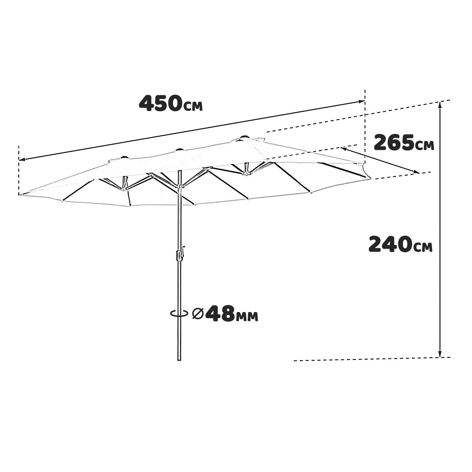 Twin - Ombrellone da giardino a doppio tettuccio con palo centrale da Ø48 mm e telo in poliestere con airvent. Doppio ombrellone da giardino terrazzo o piscina. 4,50X2,65 MT grigio