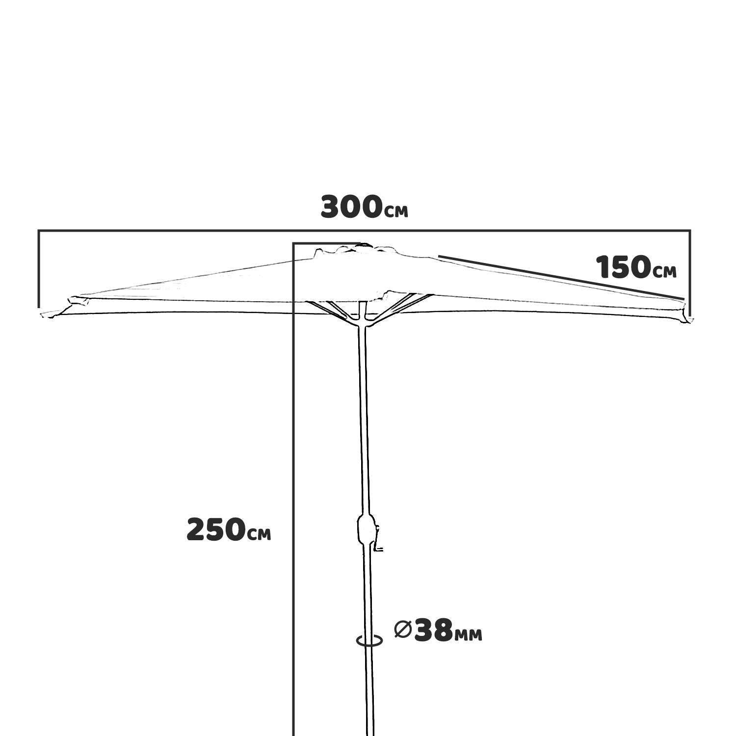 Mezza Luna - Ombrellone a mezza luna con palo centrale da Ø38 mm e telo in poliestere da 180gr/mq con airvent. Ombrellone da balcone o terrazzo ecrù L300xP150xH250 cm 