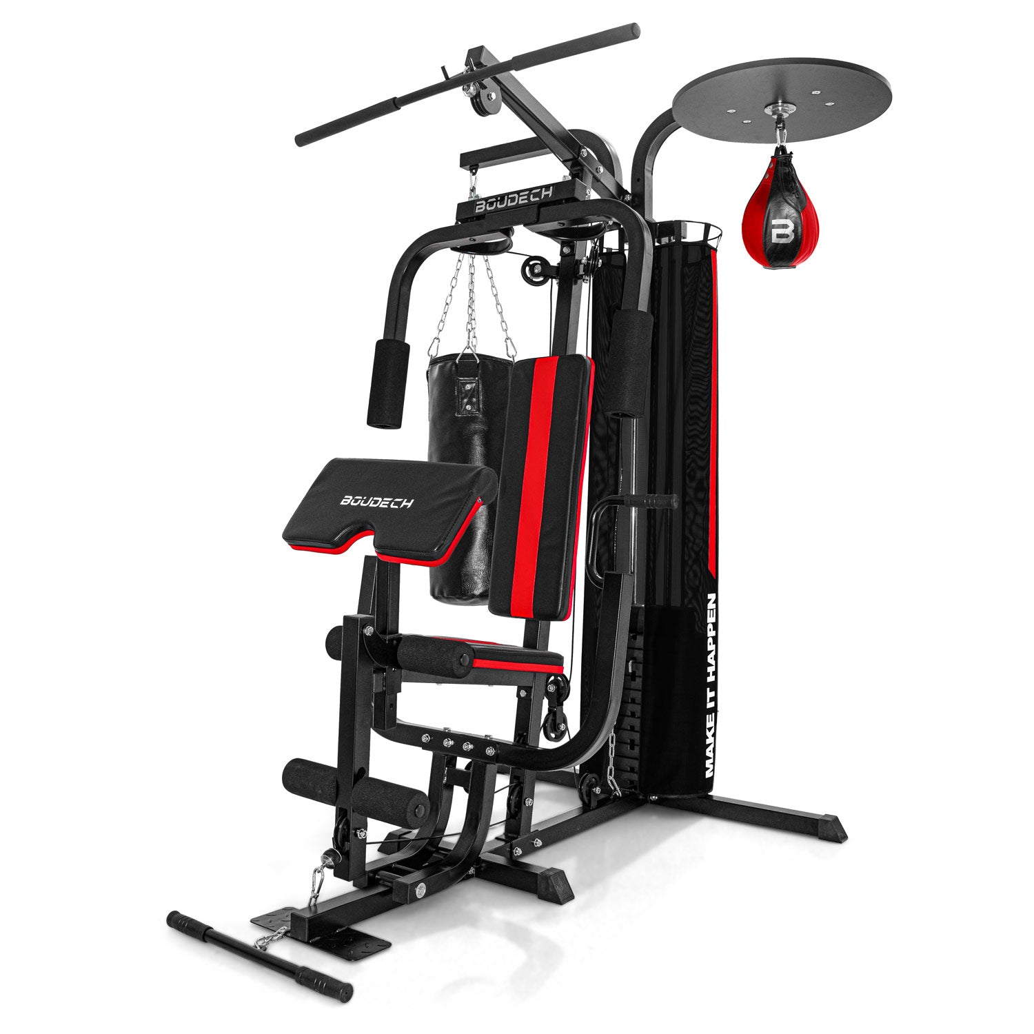 ONIVAL - Stazione da fitness multifunzionale professionale con blocco pesi da 70kg + sacco da box + punching ball + barra trazioni superiore e inferiore, pressa toracica, stazione a farfalla. Peso max utente 120kg