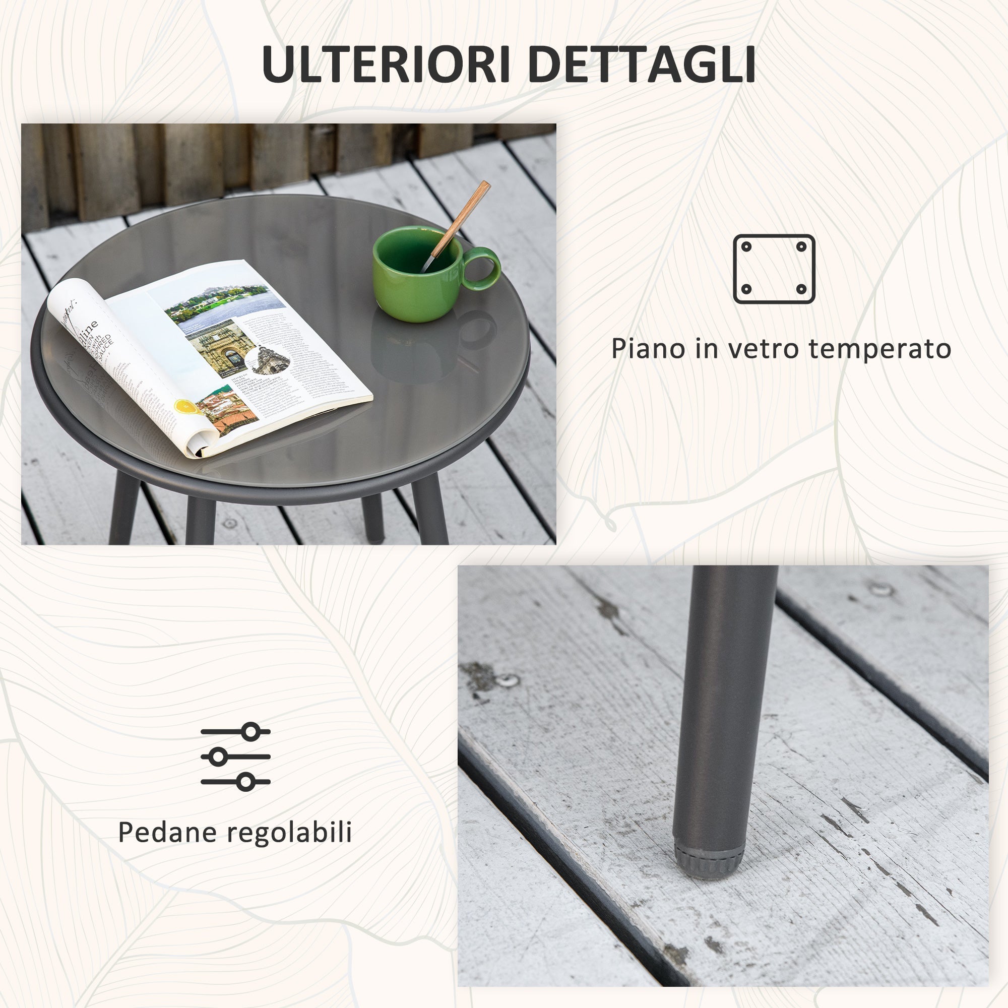 Set Tavolino da Caffè con Piano in Vetro e 2 poltroncine da Giardino in Rattan con Cuscini Grigio