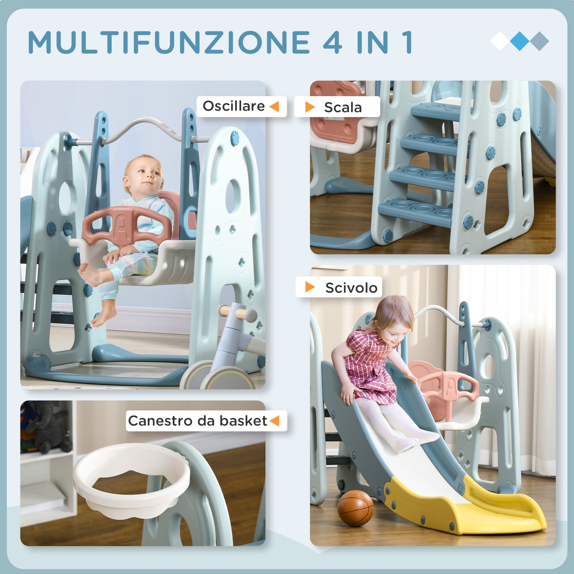 Set Gioco 4 in 1 per Bambini Altalena Scivolo Canestro e Scaletta