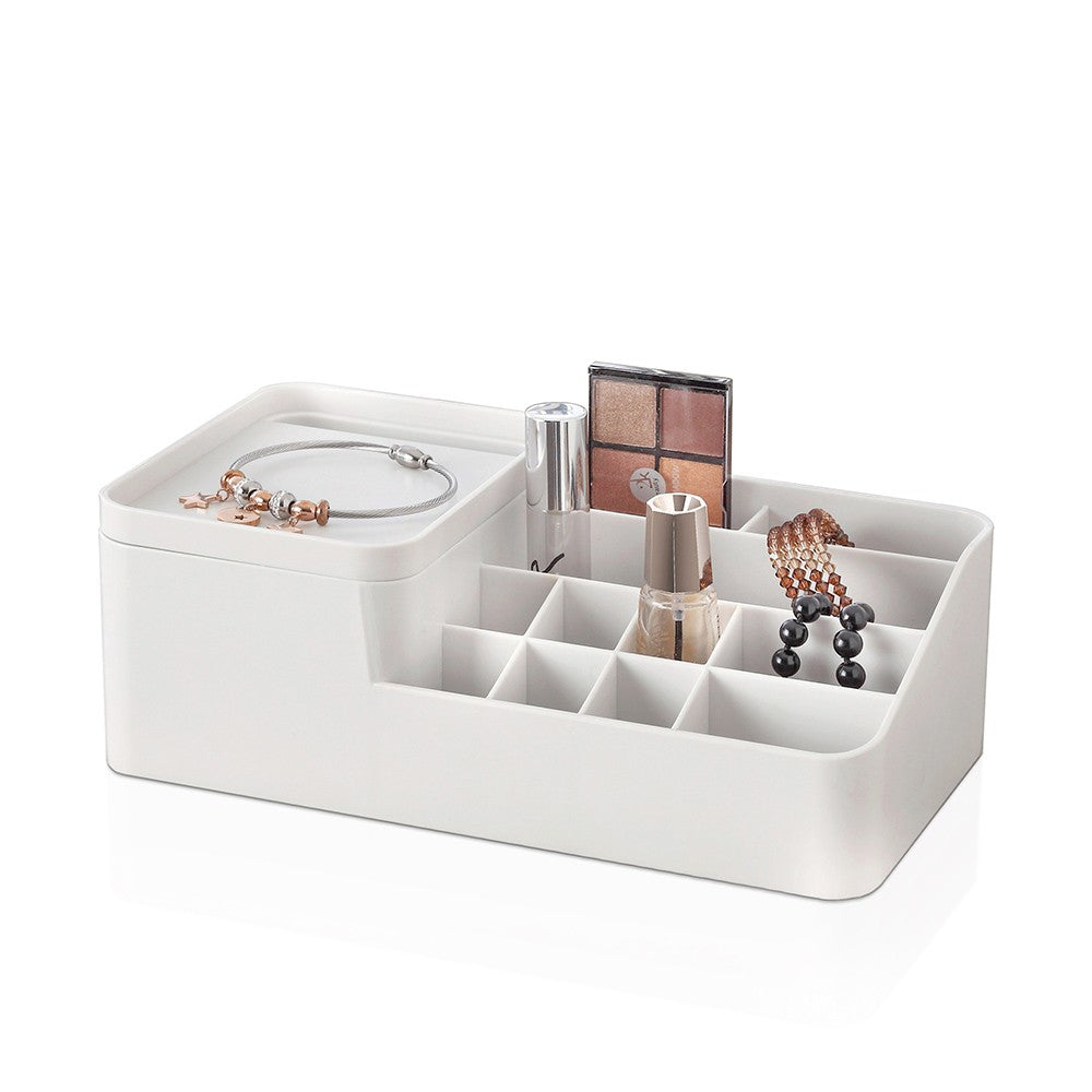 Organizzatore cosmetici e trucco bianco con box con coperchio e 11 scomparti