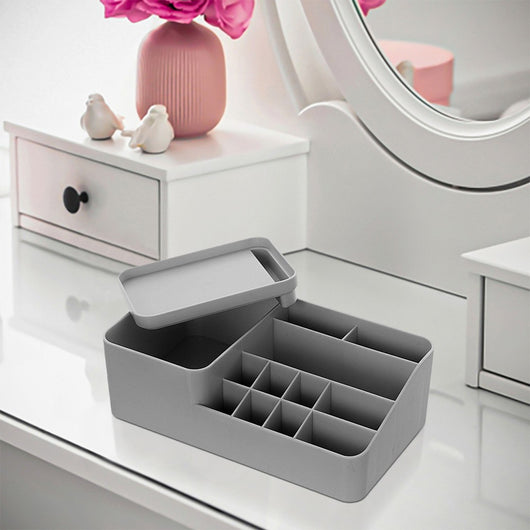 Organizzatore cosmetici e trucco grigio con box con coperchio e 11 scomparti