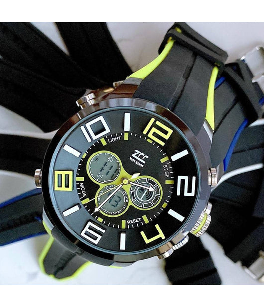 Orologio Polso Zcc Uomo Analogico Digitale Dual Time Sveglia Sport Giallo Nero         