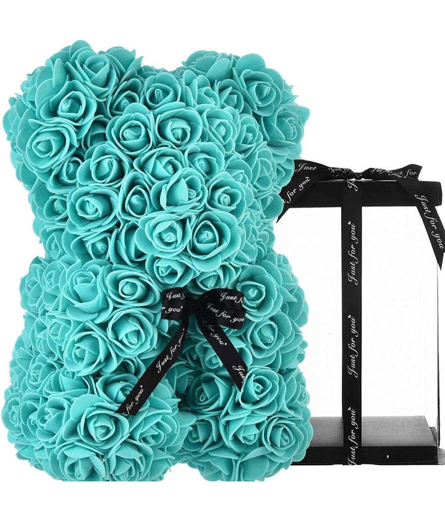 Orsacchiotto Di Rose Con Fiori Artificiali Da 40cm In Scatola Confezione Regalo  Verde Tiffany       