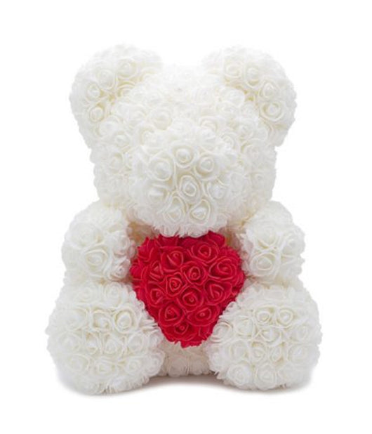 Orsacchiotto Orsetto Orso Di Rose Con Fiori Da 40cm Bianco Con Cuore Rosso         