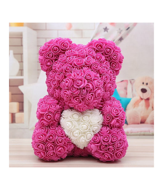 Orsacchiotto Orsetto Orso Di Rose Con Fiori Da 40cm Rosa Con Cuore Bianco         