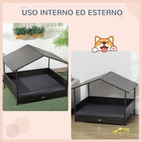 Casetta per Cani Rialzata con Cuscino Sfoderabile 117x85x89 cm in Rattan PE e Acciaio Grigio e Marrone