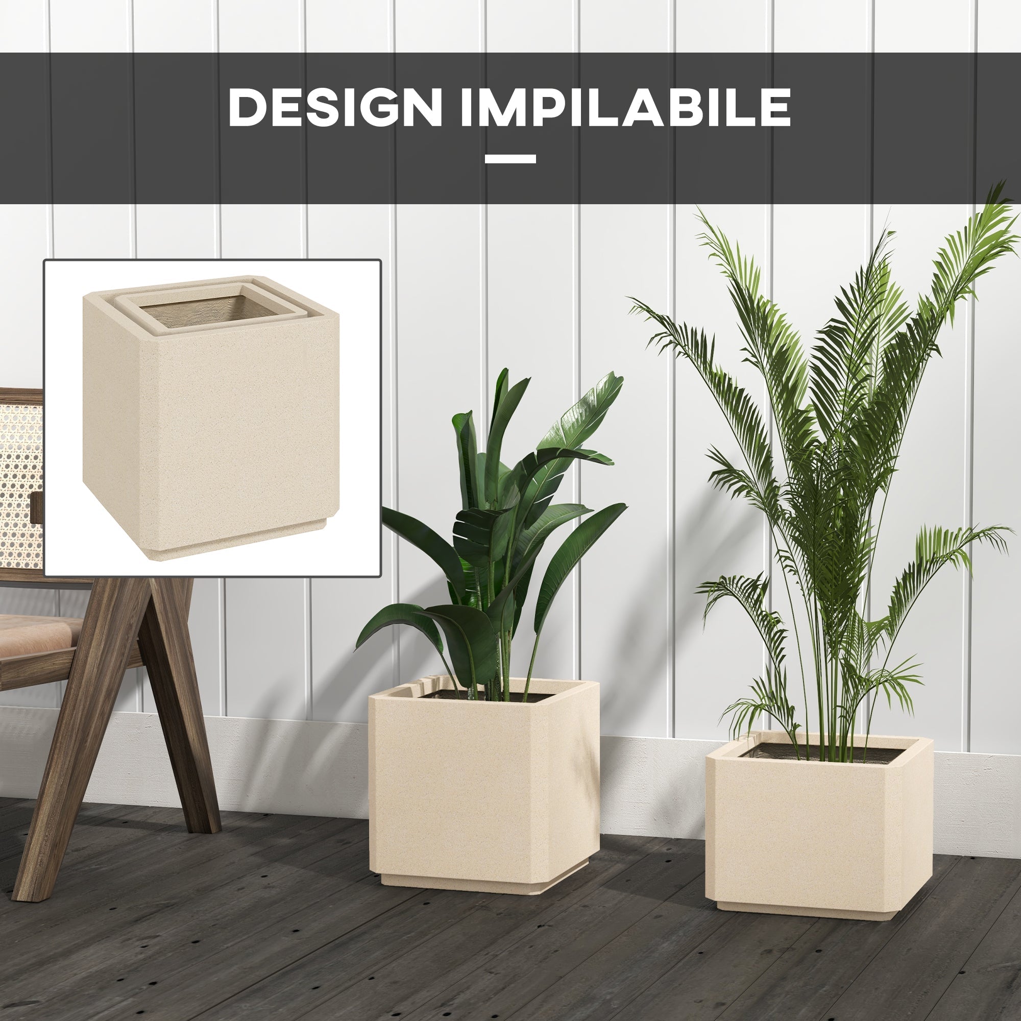 Set da 2 Vasi da Giardino Quadrati Impilabili per Esterno e Interno Beige