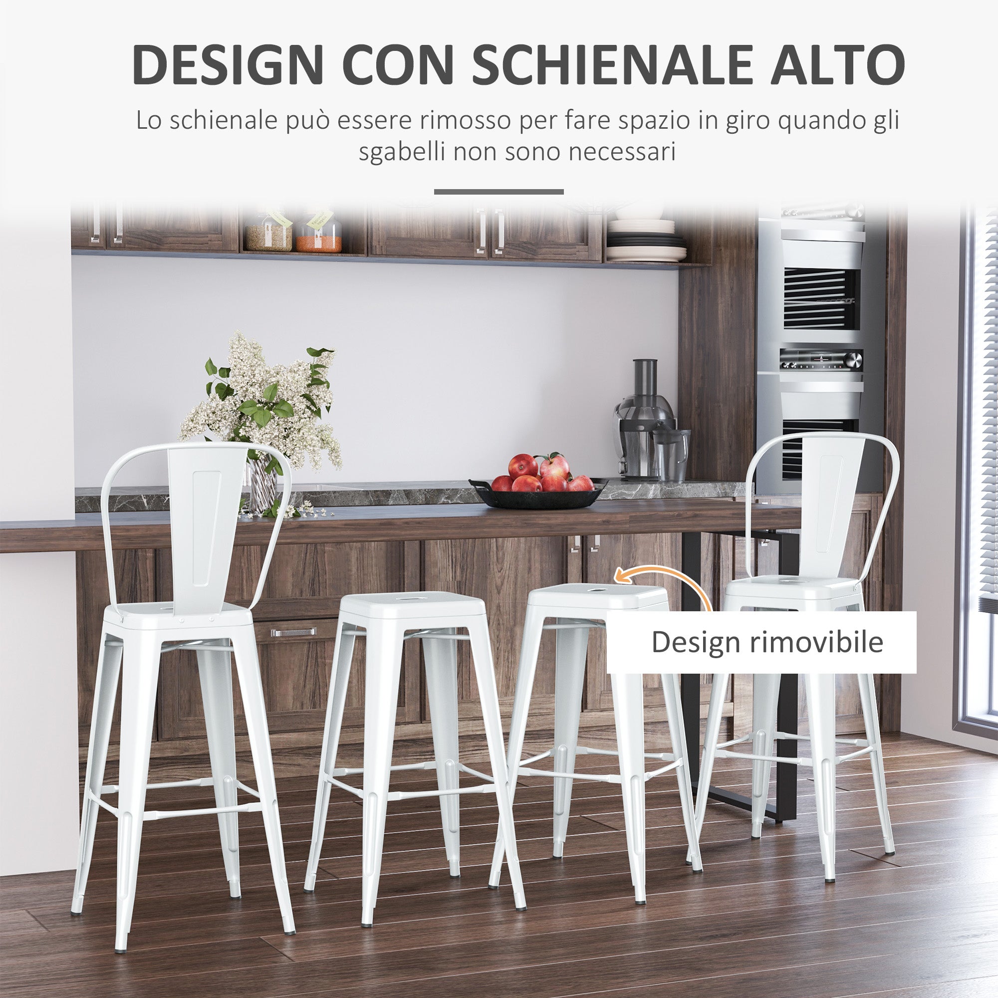 Set 4 Sgabelli da Bar Stile Industriale Schienale Rimovibile 44x53x116 cm in Metallo Bianco