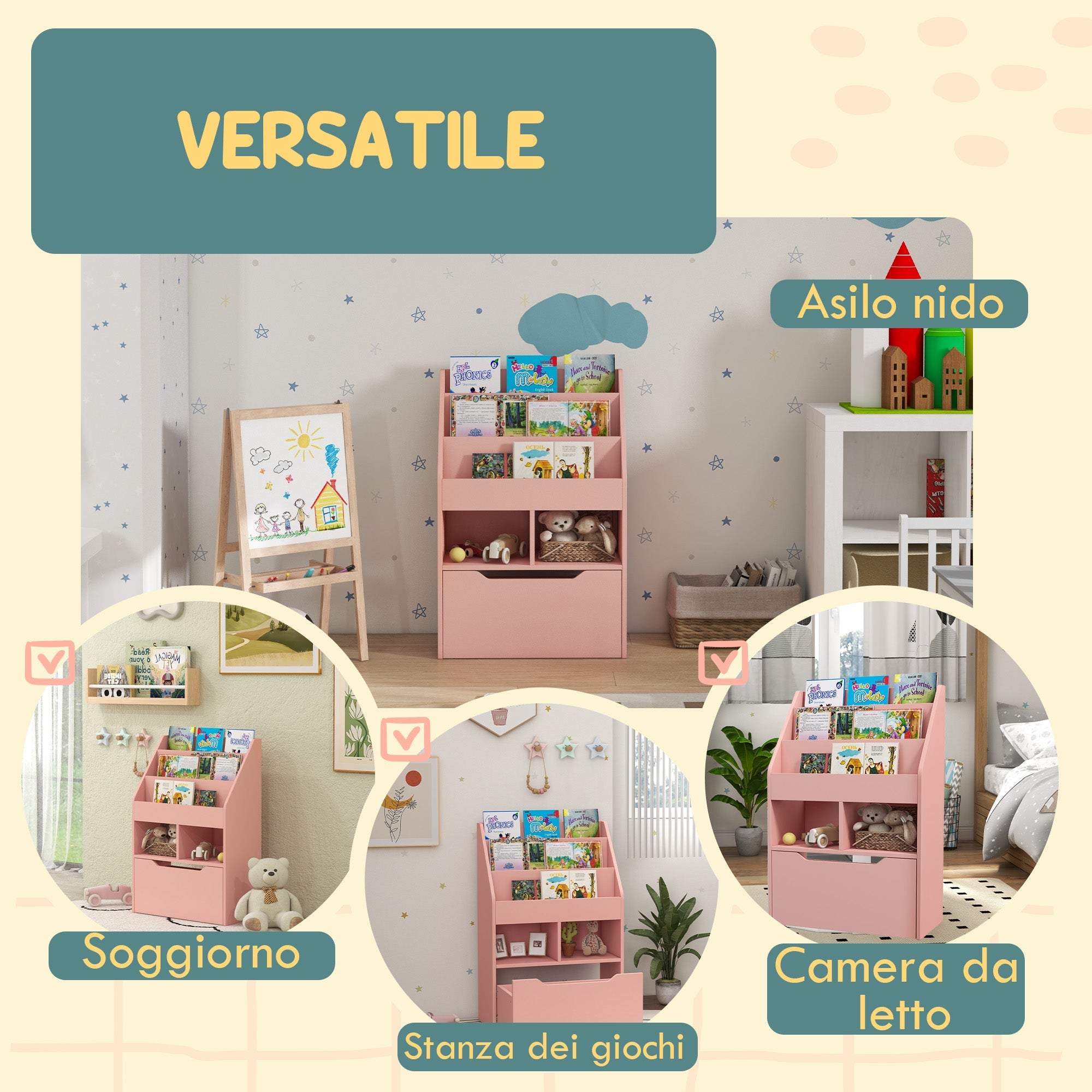 Libreria per Bambini con Ripiani Mensole e Cassetto 60x29,9x90 cm in MDF Rosa