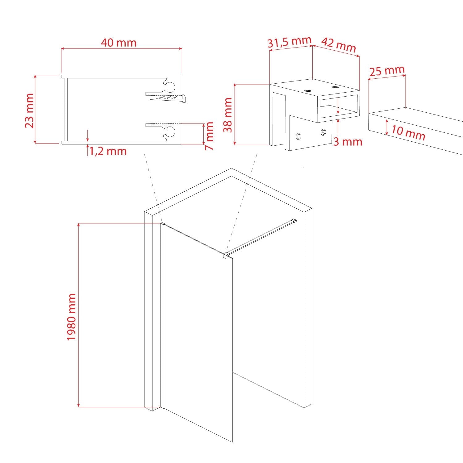 Parete doccia 80 CM in vetro trasparente 8mm mod. Walk in Lato H198