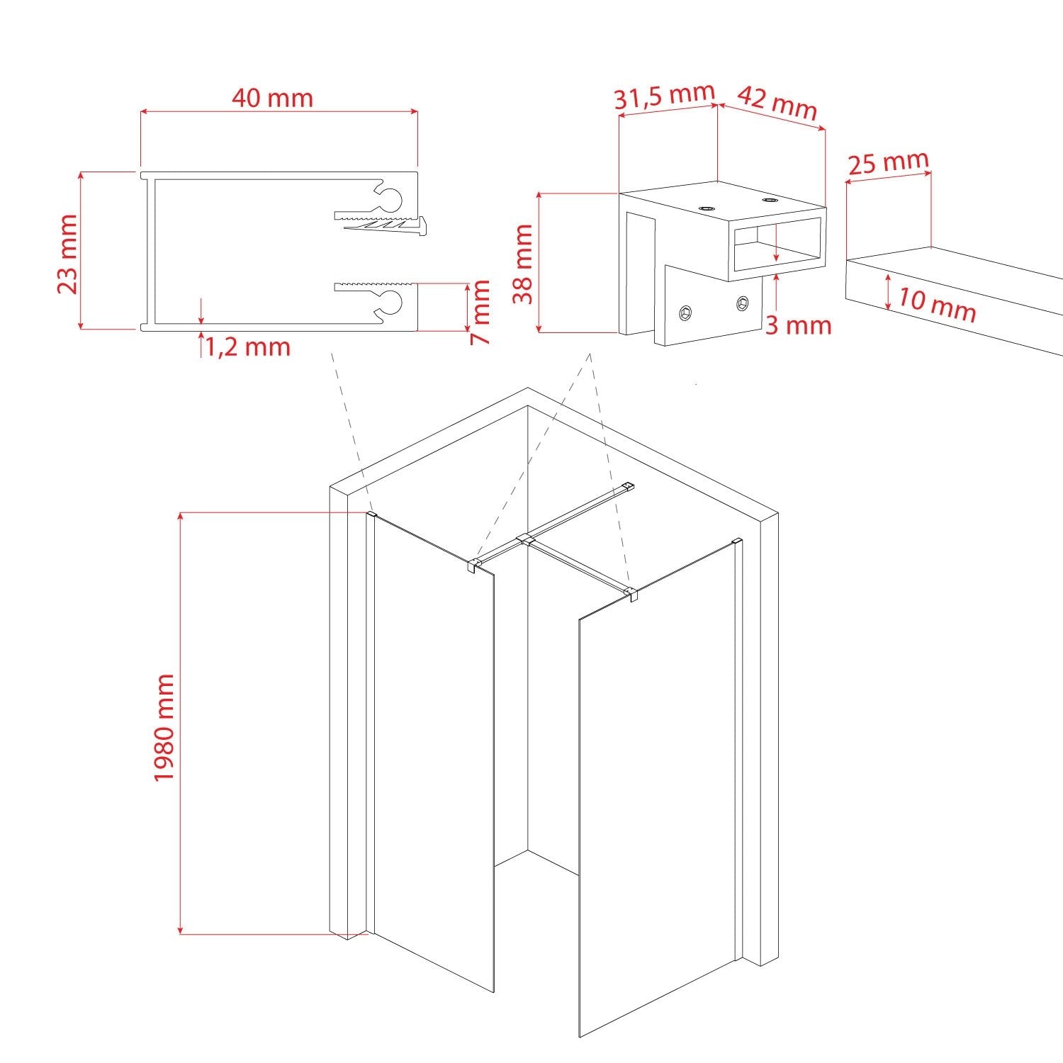 Box doccia Parete 70x120 CM in vetro trasparente 8mm mod. Walk in Corner H198