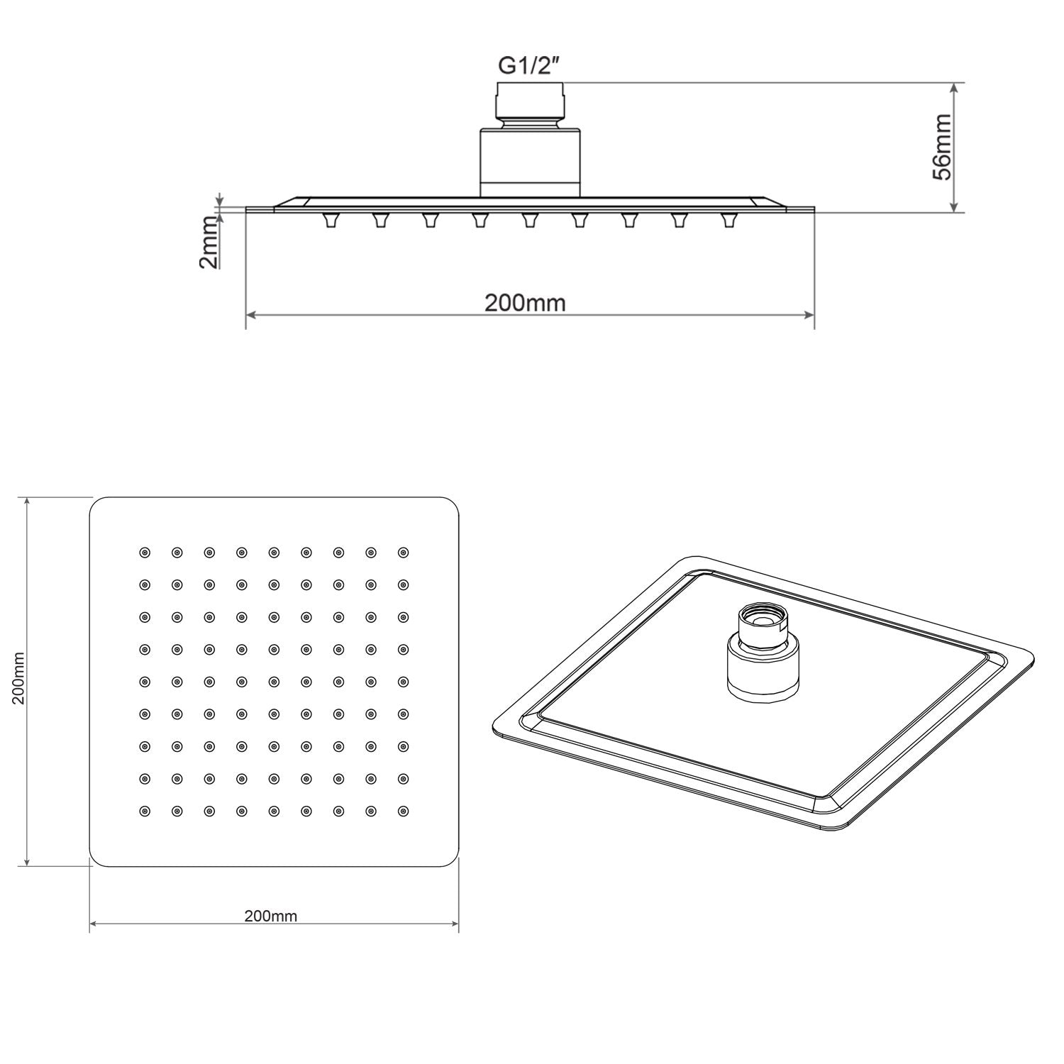 Soffione Doccia Quadrato in acciaio inox 20X20 Cm effetto pioggia con ugelli anticalcare ultrasottile