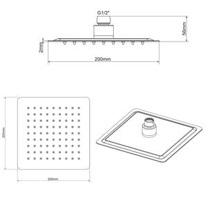 Soffione Doccia Quadrato in acciaio inox 20X20 Cm effetto pioggia con ugelli anticalcare ultrasottile