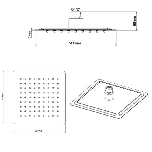 Soffione Doccia Quadrato in acciaio inox 20X20 Cm effetto pioggia con ugelli anticalcare ultrasottile