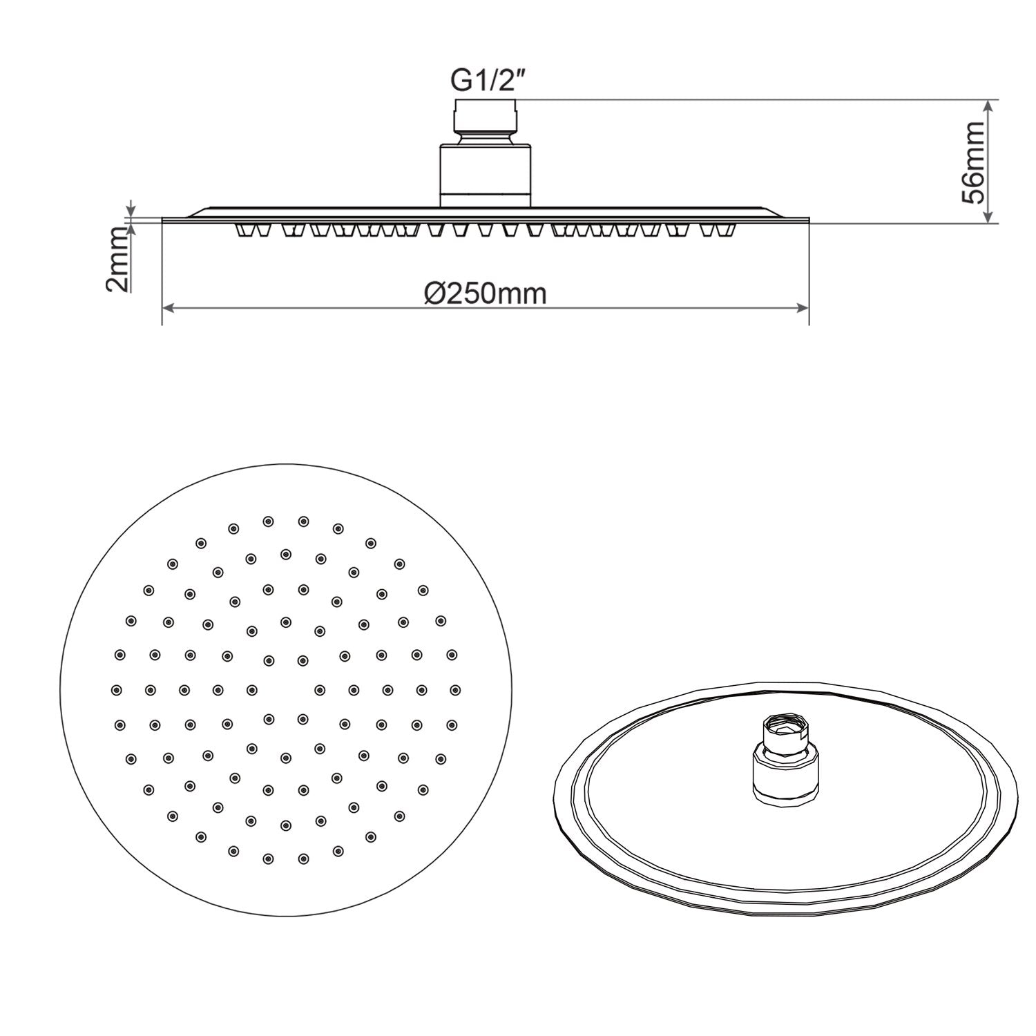 Soffione Doccia Tondo in acciaio inox Diametro 25 cm effetto pioggia con ugelli anticalcare ultrasottile