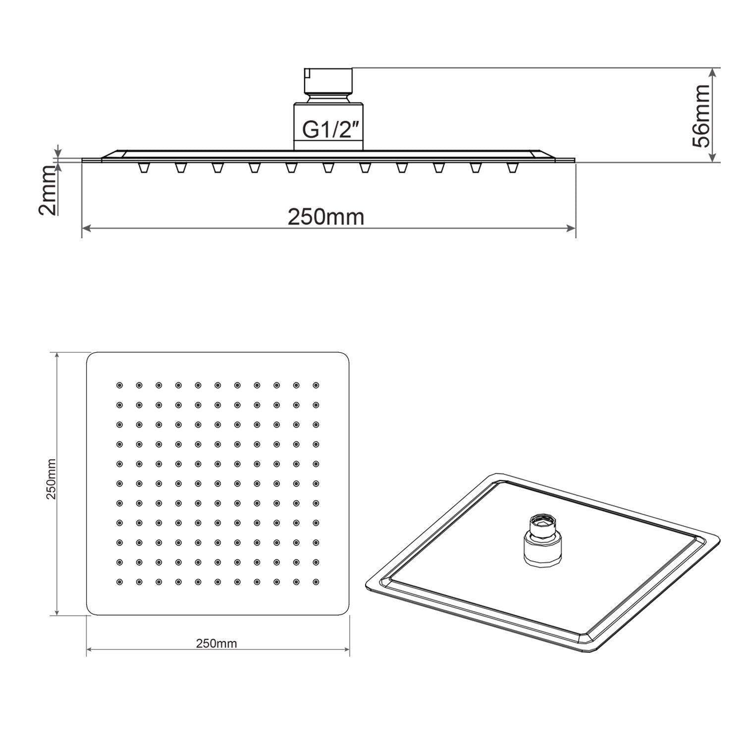 Soffione Doccia Quadrato in acciaio inox 25X25 Cm effetto pioggia con ugelli anticalcare ultrasottile