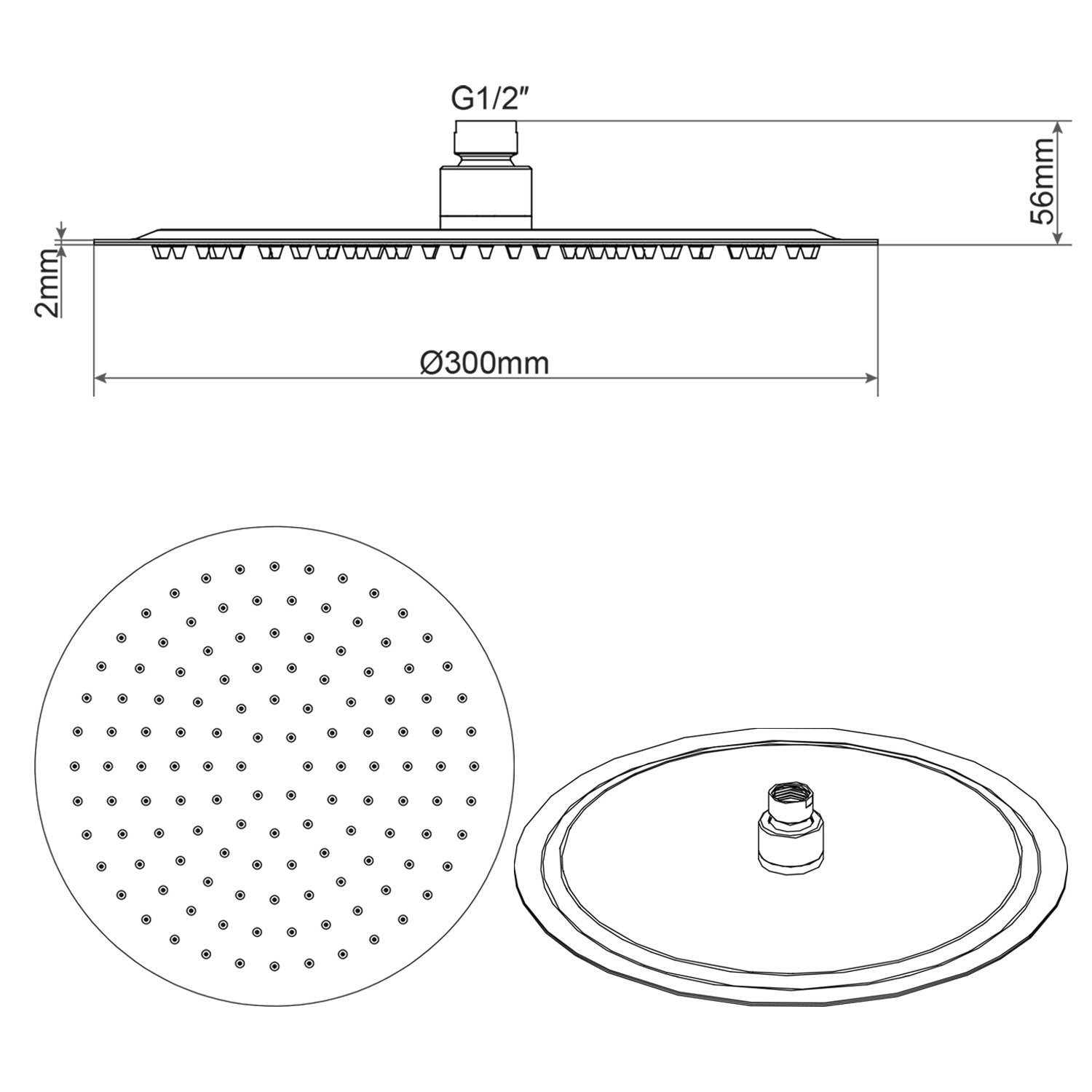 Soffione Doccia Tondo in acciaio inox Diametro 30 cm effetto pioggia con ugelli anticalcare ultrasottile