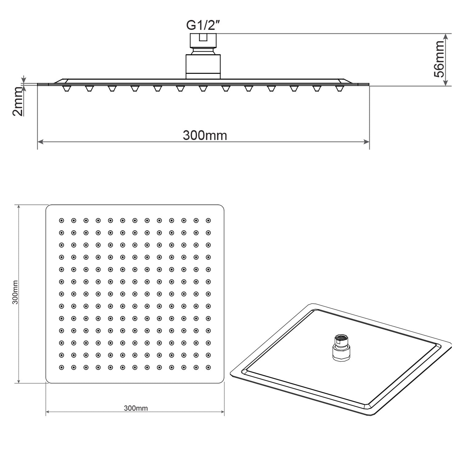 Soffione Doccia Quadrato in acciaio inox 30X30 Cm effetto pioggia con ugelli anticalcare ultrasottile