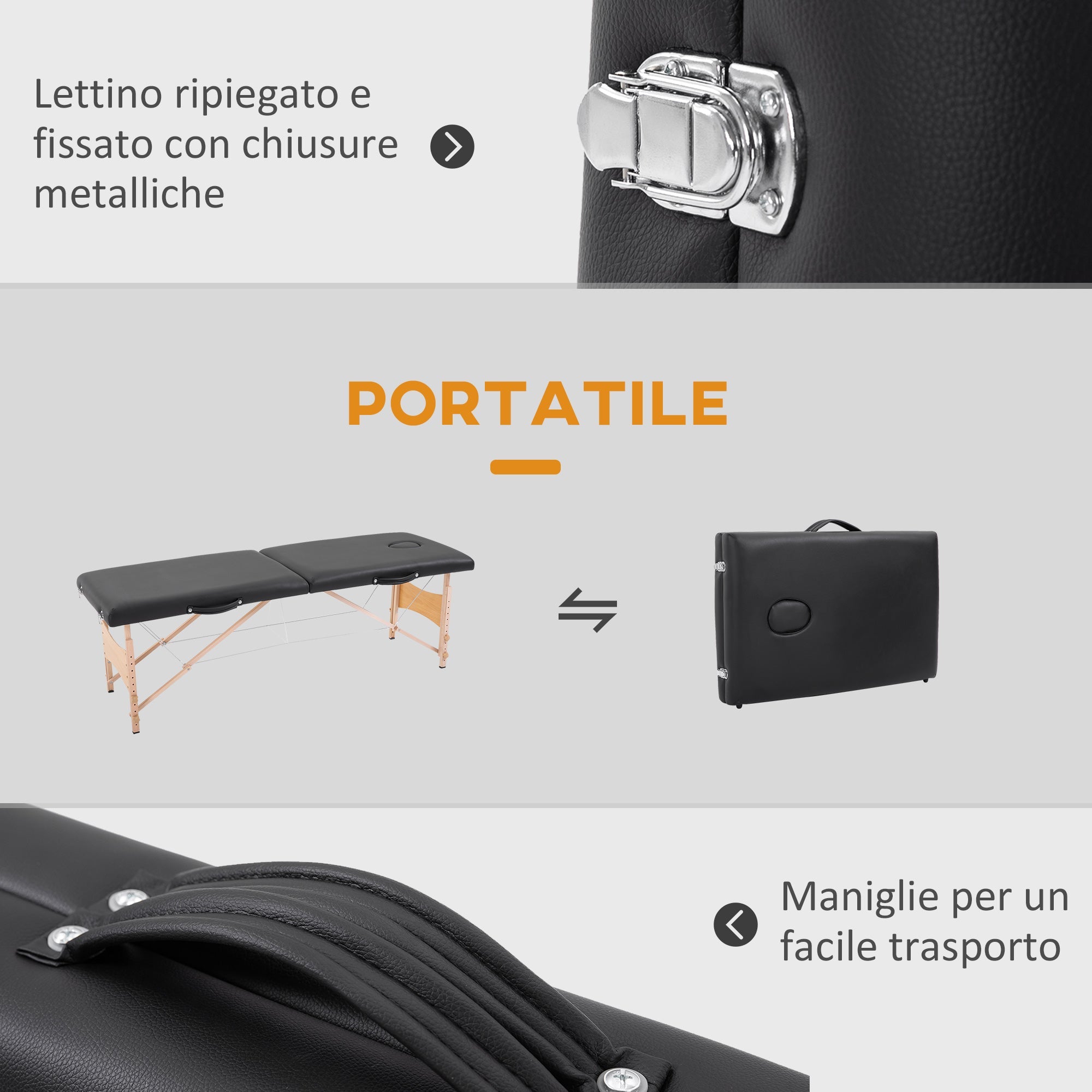 Lettino per Massaggio Portatile 186x60x58-81 cm con Cuscino Rimovibile e Borsa Nero