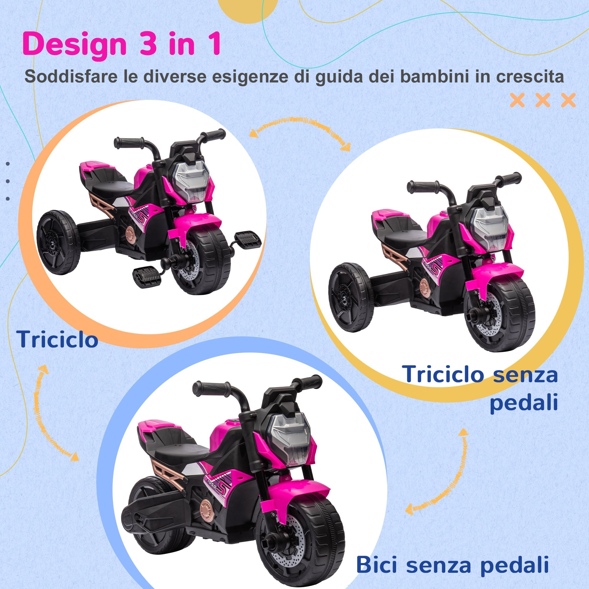 Triciclo Elettrico per Bambini 3 in 1 con Fari Musica e Clacson Rosa