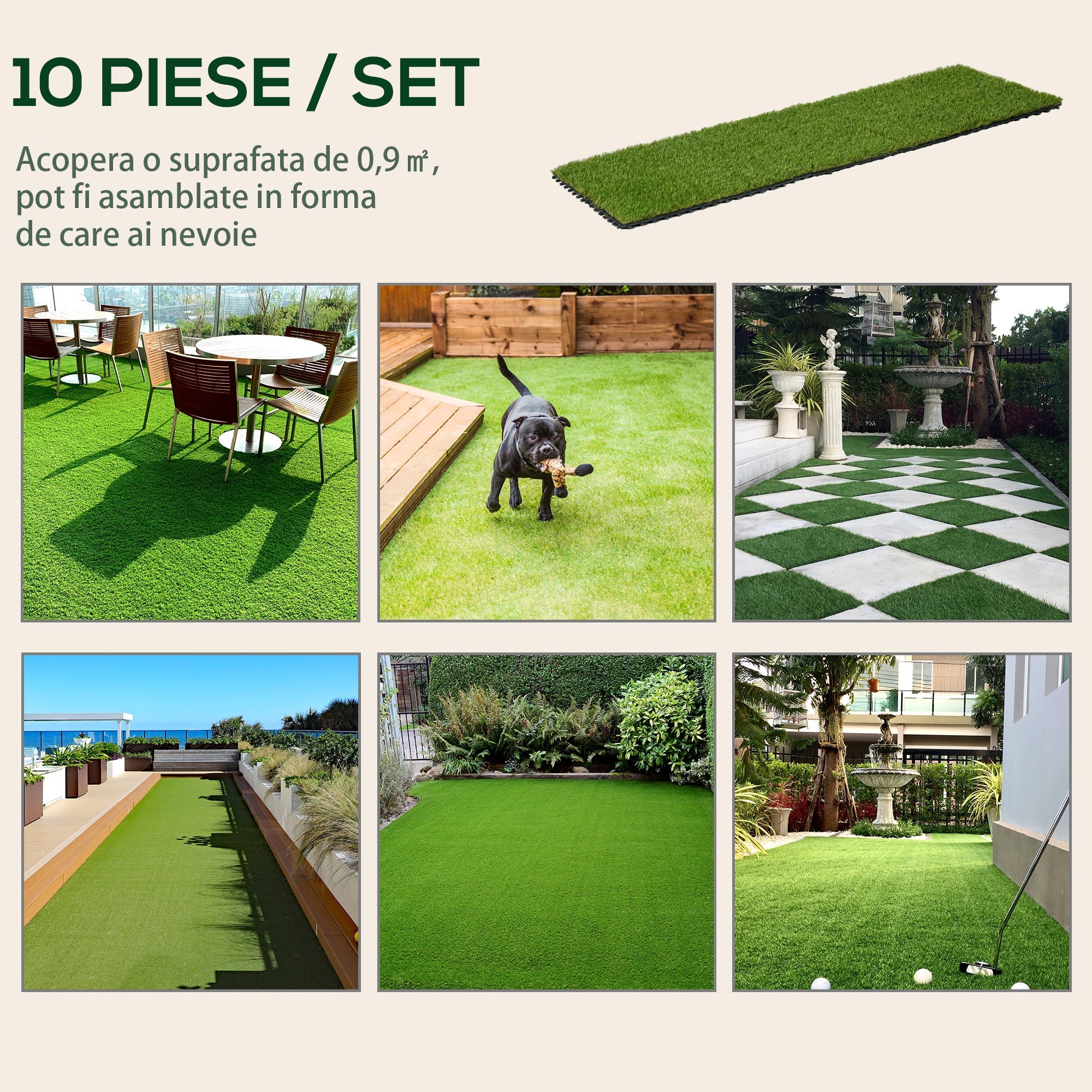 Set 10 Piastrelle Prato Artificiale per Giardino Densità 6500 30x30 cm Erba Sintetica Verde