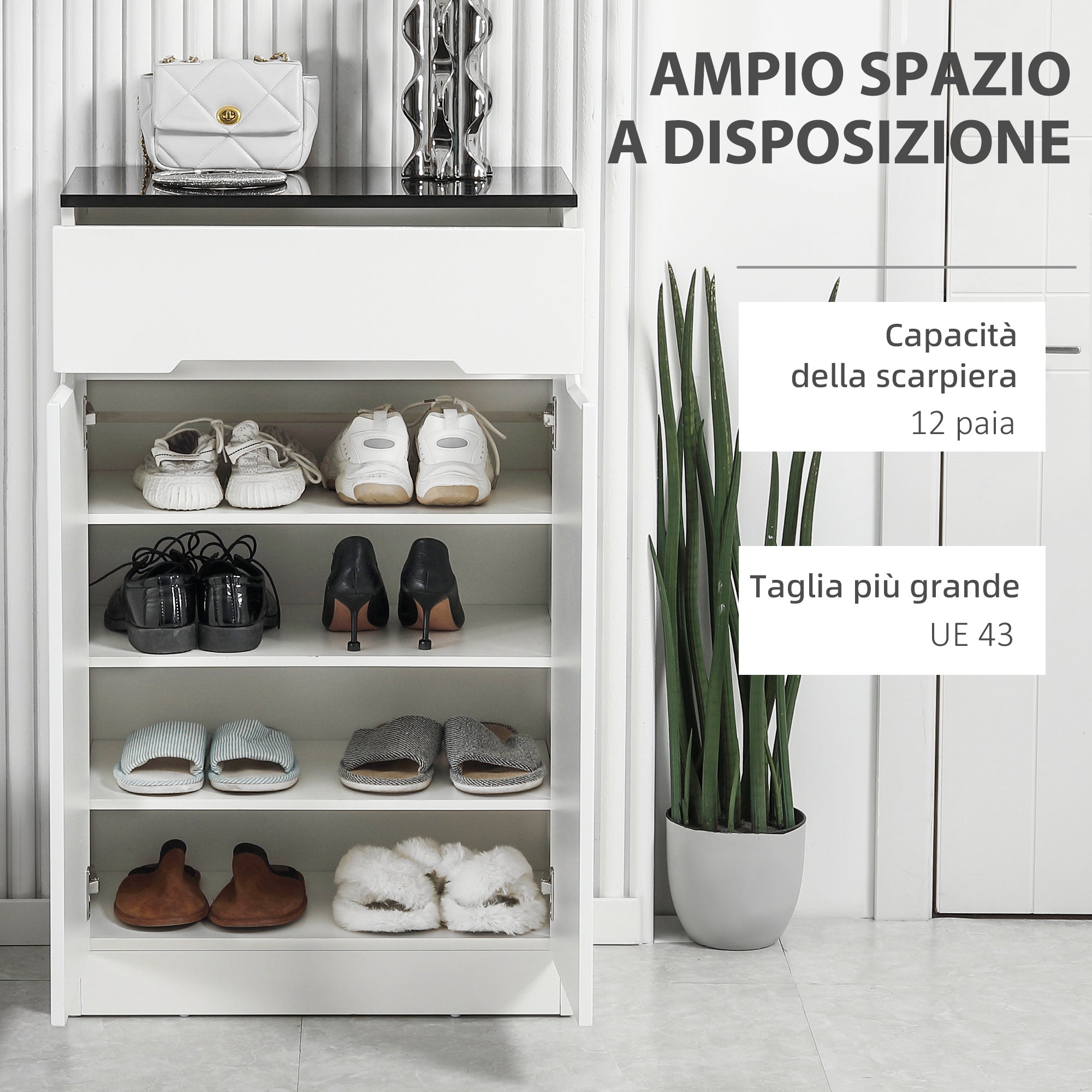 Scarpiera Slim 12 Paia di Scarpe 60x32x100 cm 3 Ripiani Regolabili e Cassetto in Truciolato Bianco