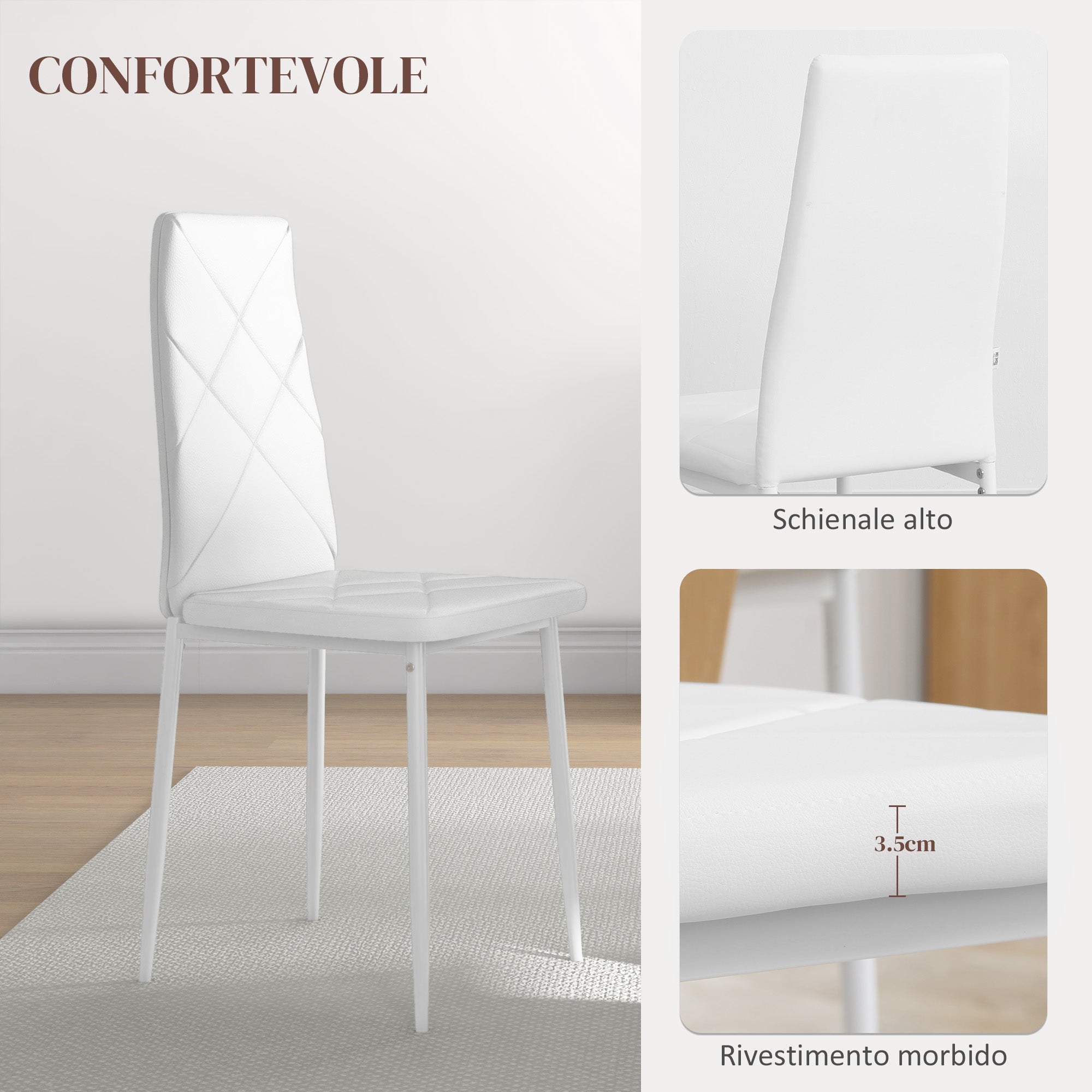 Set 6 Sedie da Pranzo Moderne Schienale Alto Cuciture a Diamante 41x50x97 cm Bianco