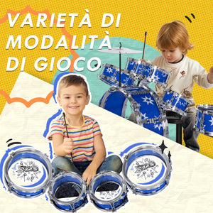 Batteria Musicale Giocattolo per Bambini Grancassa 5 Tamburi e Piatti con Bacchette e Sgabello Blu