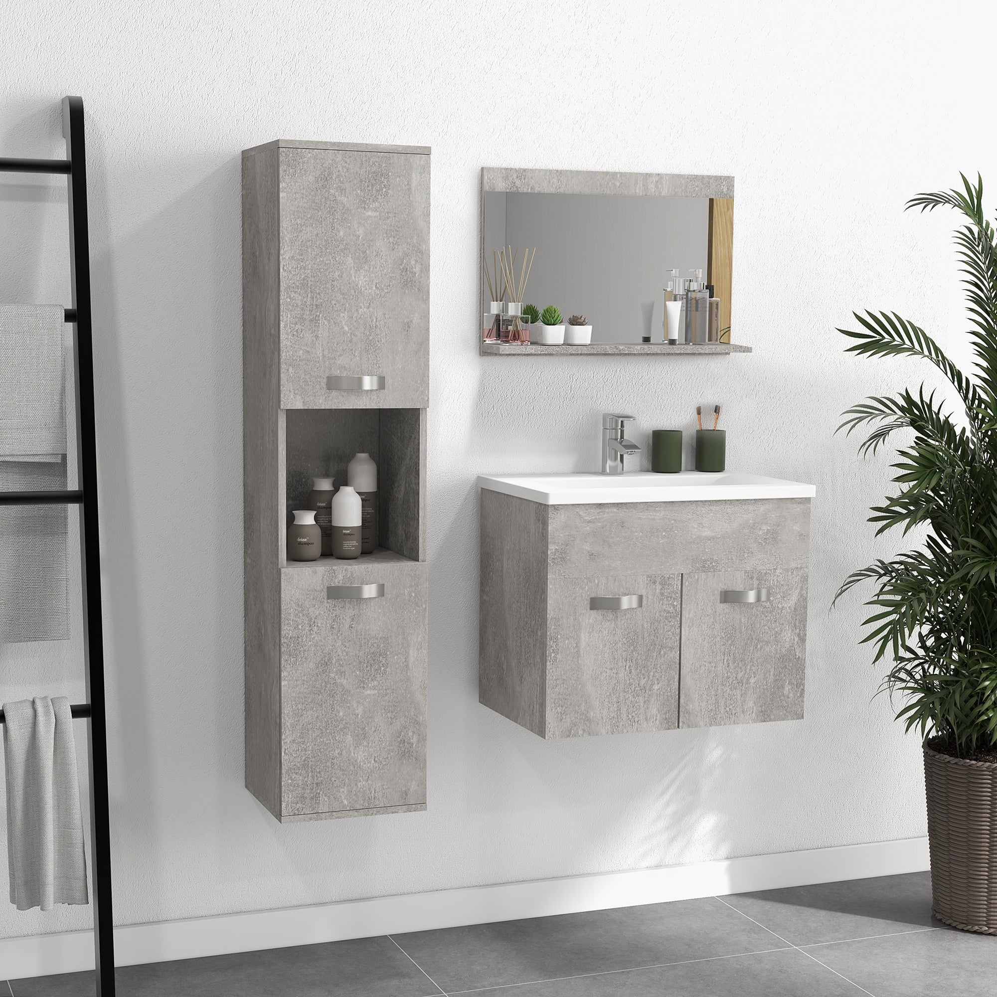 Mobile Bagno Sospeso 60 cm Lavabo Specchio e 1 Pensile Grigio