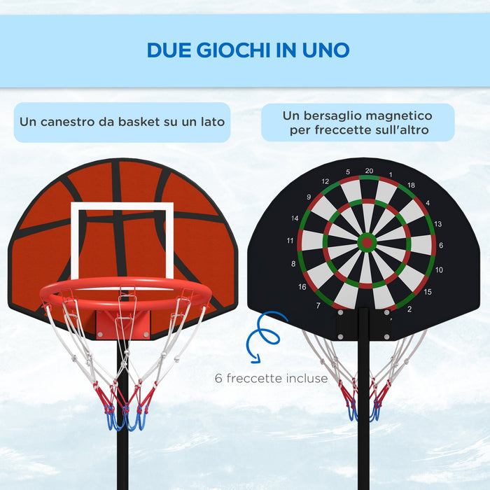 Canestro Basket con Bersaglio Freccette 2 in 1 38,5x48,5x179 cm in Acciaio e PE Nero e Marrone