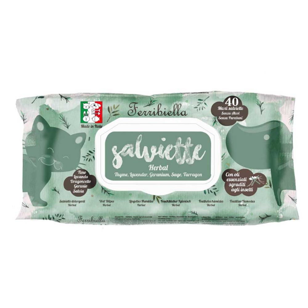 Multipack 12 confezioni salviette per cani e gatti con oli essenziali sgraditi agli insetti herbal