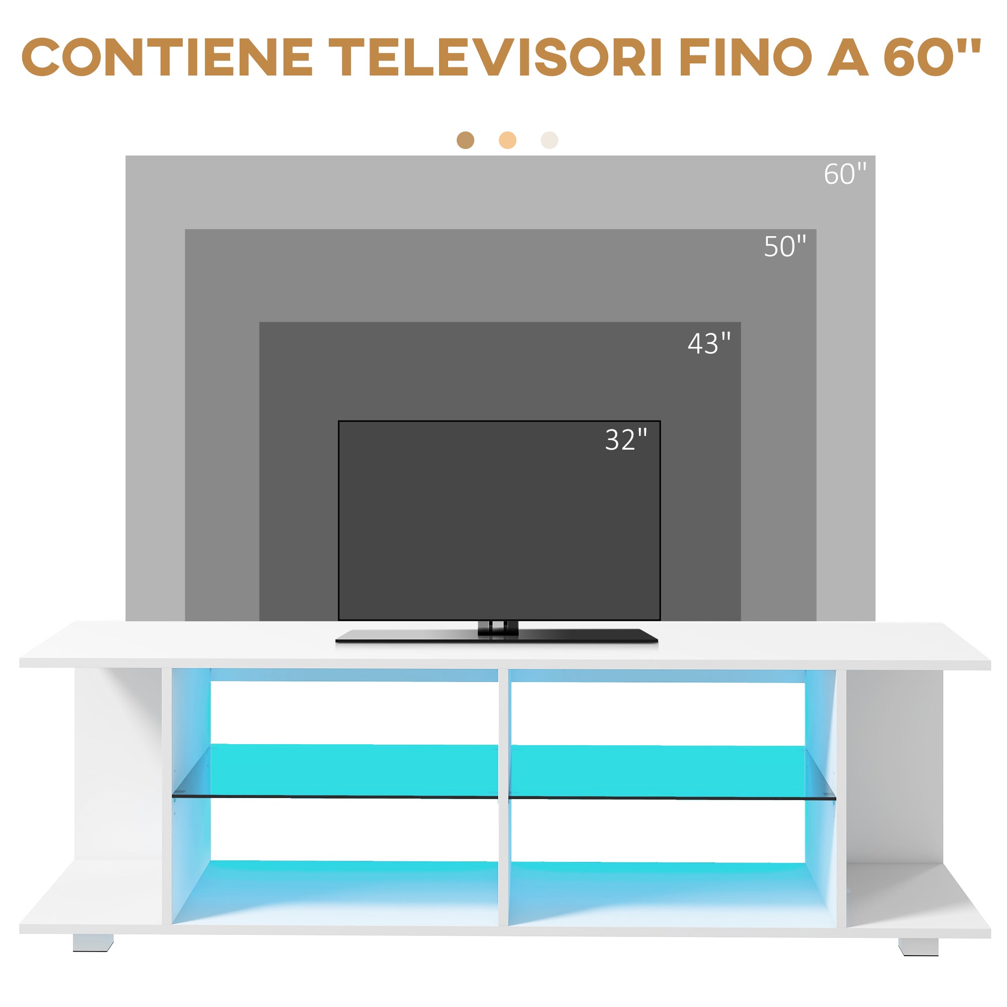 Mobile TV 60" con Luci a 12 Colori e 2 Ripiani Regolabili 144,8x40x45 cm in Truciolato e Vetro Bianco