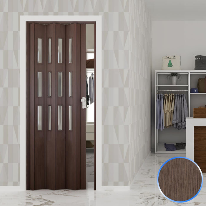 Porta a Soffietto da Interno in PVC Rovere Tortora Vetro Satinato 88 5x214 cm mod. Luciana