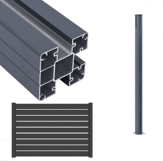 Palo Alluminio colore Antracite per recinzioni frangivento staccionate sezione 80x80mm H 185cm con piastra di ancoraggio, tappo e profili 
