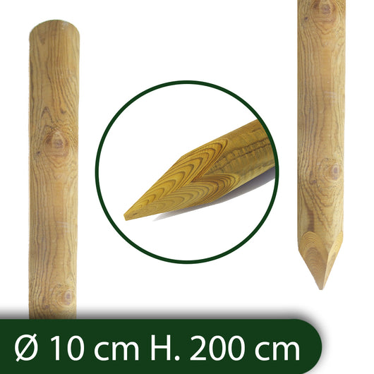 Pali In Legno  Cm 10 Altezza Cm 200 H Tondi Con Punta Trattati Impregnati Per Recinzione Staccionata/Steccato Palo Tondo cod Nxt 9713