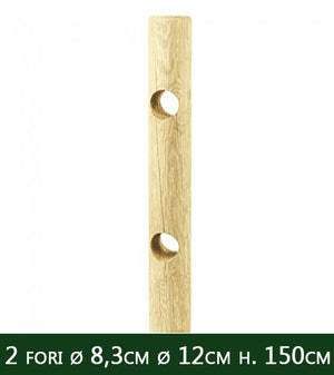 pali in legno ø cm 12x150 h ø 2 fori passanti ø 8,3 cm con punta per recinzione trattati impregnati per staccionata e steccato palo tondo forato cod:ferx.reti.62.4.s