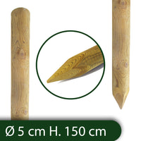 pali tondi in legno ø cm 5 altezza cm 150 h con punta trattati ed impregnati per recinto/staccionata/steccato palo tondo cod:ferx.reti.1.2.stock.s