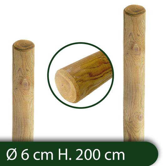 10Pz Pali In Legno Ã˜ Cm 6 Altezza Cm 200 H Tondi Senza Punta Trattati Impregnati Per Recinzione Per Staccionata/Steccato Palo Tondo