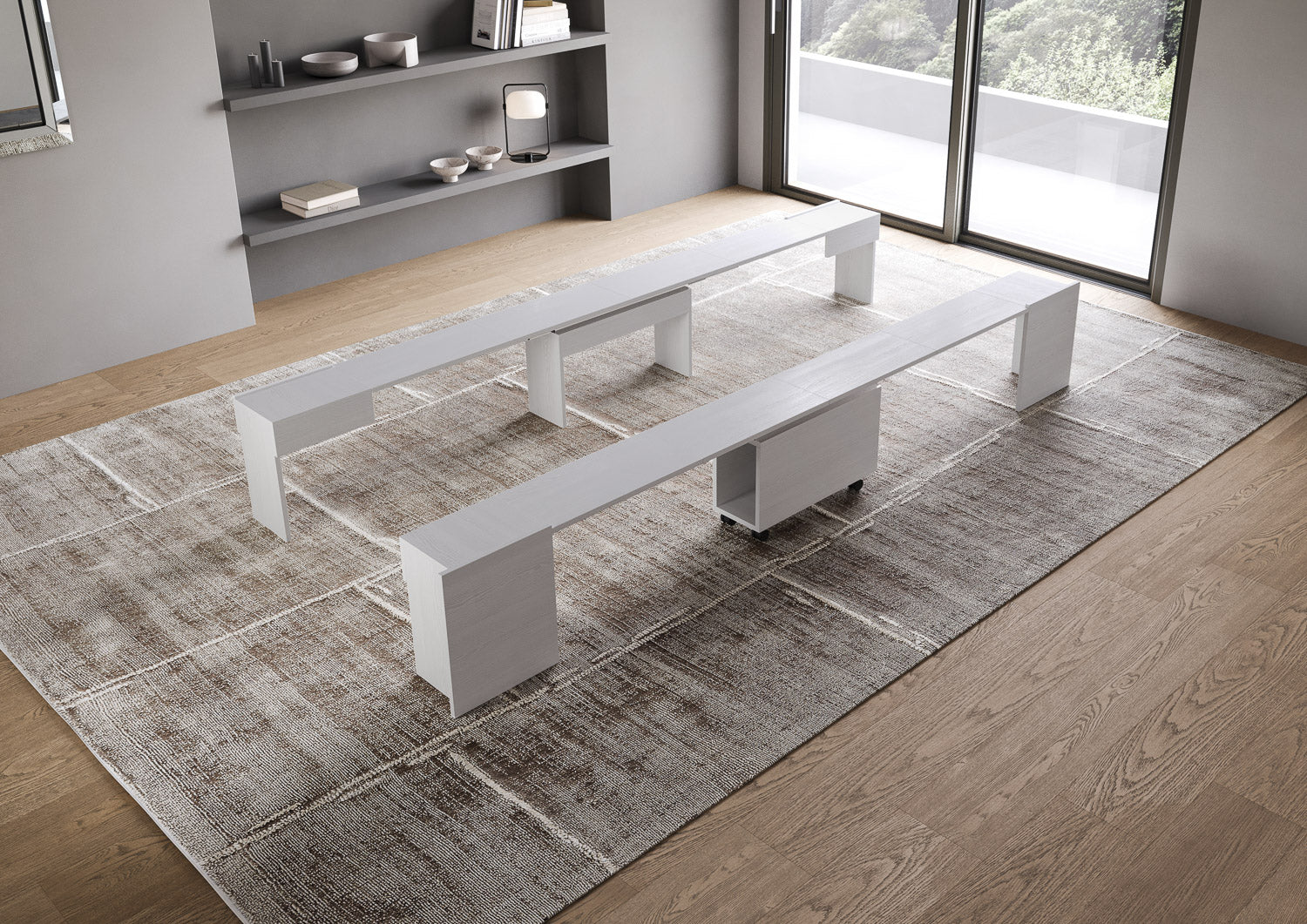 Consolle Tavolo Allungabile 90-302x42x75 cm Evolve Bianco Frassino con Panca Inferiore e Superiore