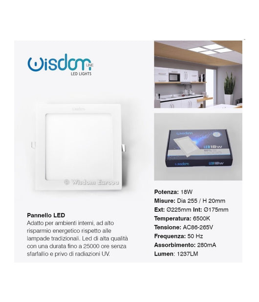 Pannello A Led Tondo O Quadrato Ad Da Incasso Luce Fredda Calda Neutra Wisdom  -bianco Freddo-18 Watt -quadrato    -