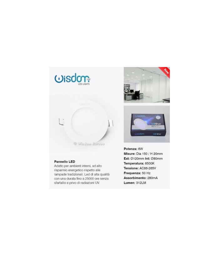 Pannello A Led Tondo O Quadrato Ad Da Incasso Luce Fredda Calda Neutra Wisdom  -bianco Caldo-6 Watt -tondo    -