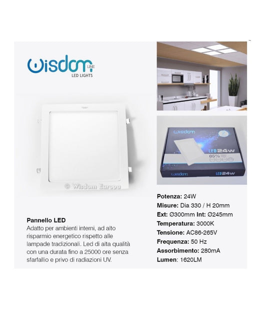 Pannello A Led Tondo O Quadrato Ad Da Incasso Luce Fredda Calda Neutra Wisdom  -bianco Caldo-24 Watt -quadrato    -