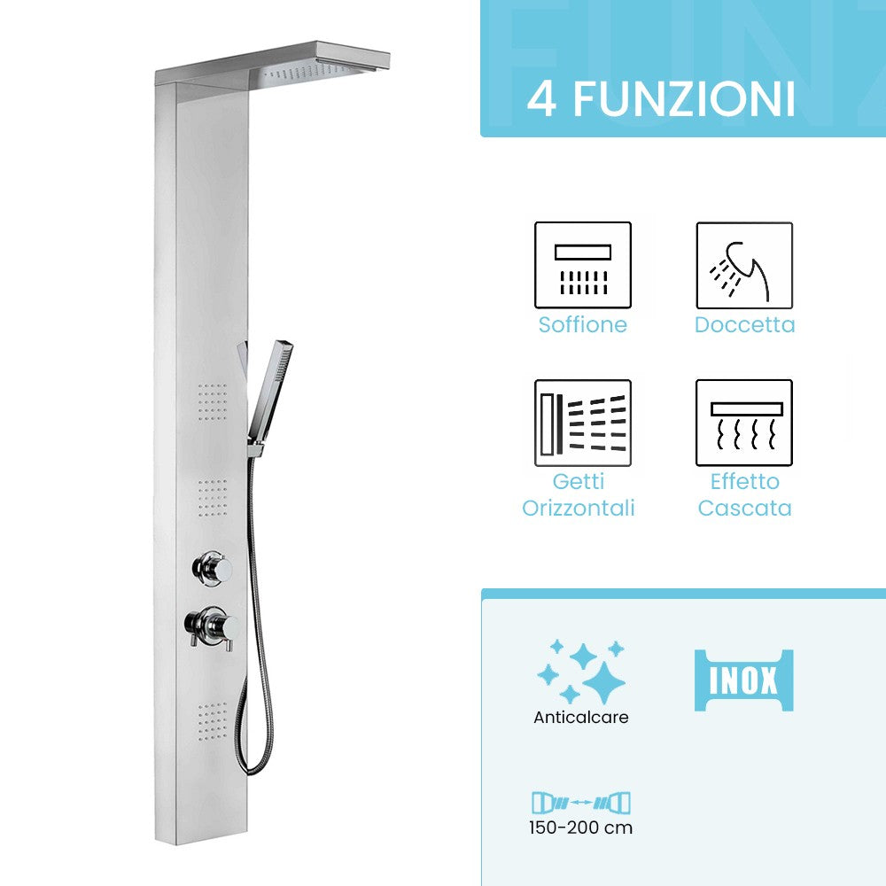 Pannello doccia multifunzione con 4 getti in acciaio inox cromato 