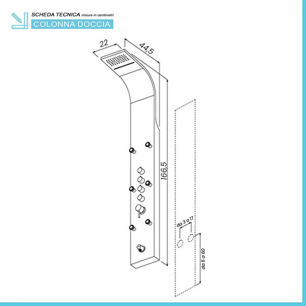 Pannello doccia multifunzione cromato lucido in acciaio inox con 4 getti 