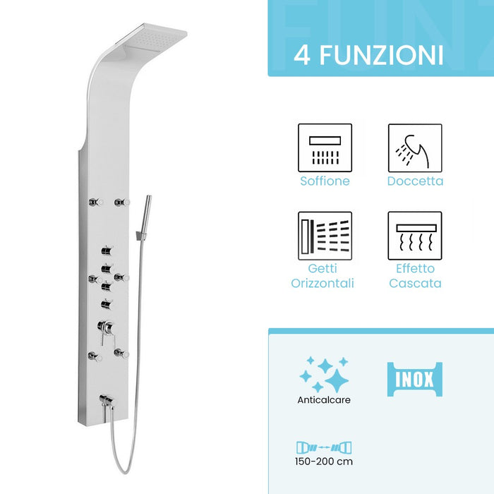Pannello doccia multifunzione cromato lucido in acciaio inox con 4 getti 