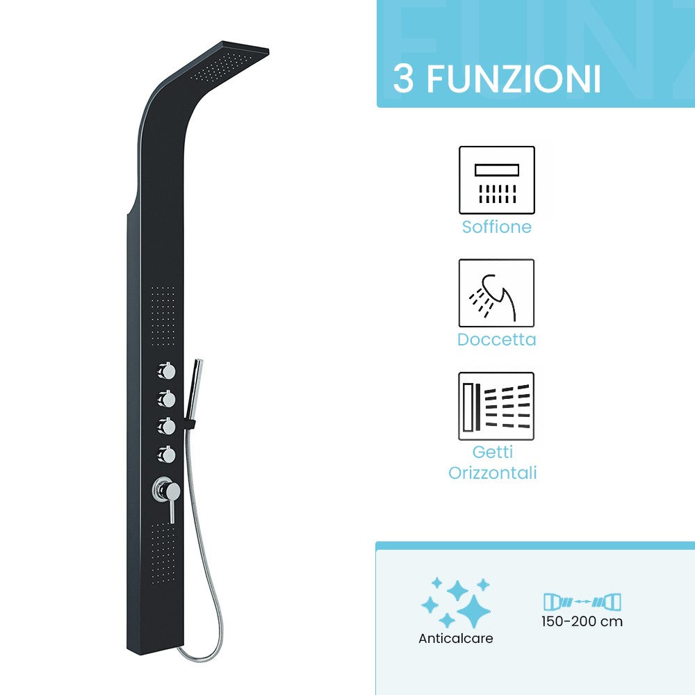 Pannello doccia multifunzione nero in alluminio con 4 funzioni 