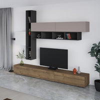 Parete attrezzata Fashion base colore hitit noce e pensili antracite, bianco e light mocha H 205x40x275 cm.