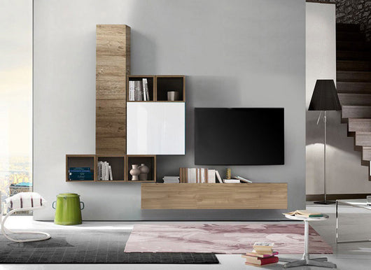 Soggiorno Zenzero, parete attrezzata moderna di design bianco lucido, rovere stelvio e miele, ZLCCBT1